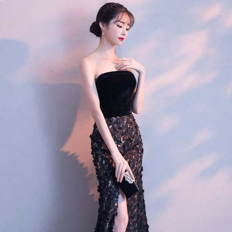 С открытыми плечами черного цвета в китайском стиле восточные вечерние Свадебное женское платье-Ципао, платье подружки невесты