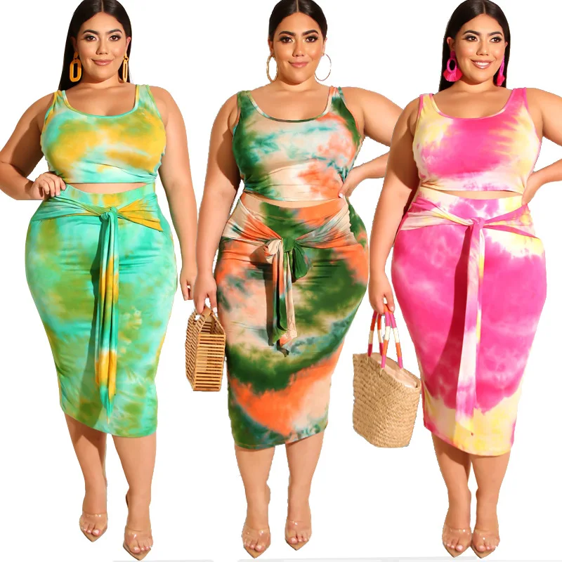 

Summer Women Two Piece Outfits Prairie Chic Style New Tie-dye Printed Tight-fitting Bag Hips Fashion 2 Piece Set Plus Size