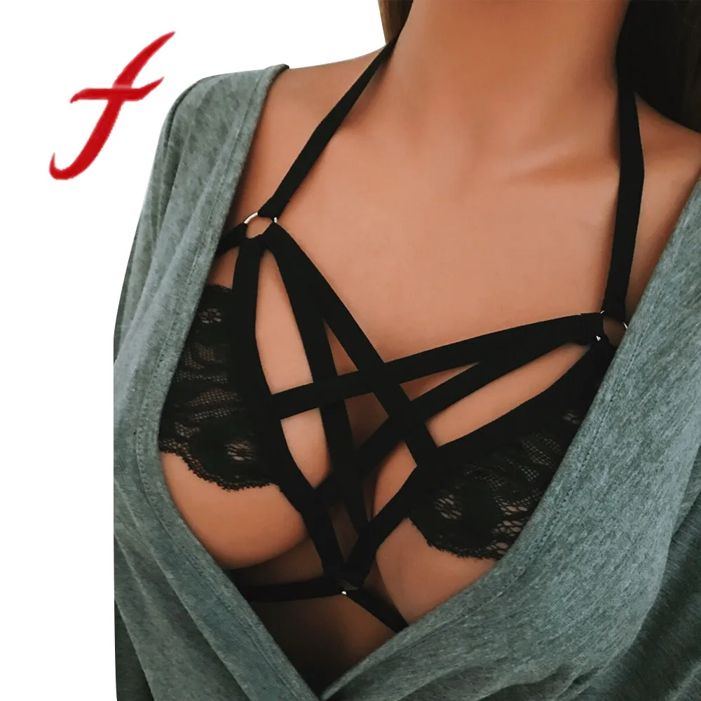 

Feitong Gothic Sexy Women Ladies Bandage Cage Bra Lace Hollow Strappy Bra Crop Tops Bustier Tops Vest Cupless Cropped Body Belt