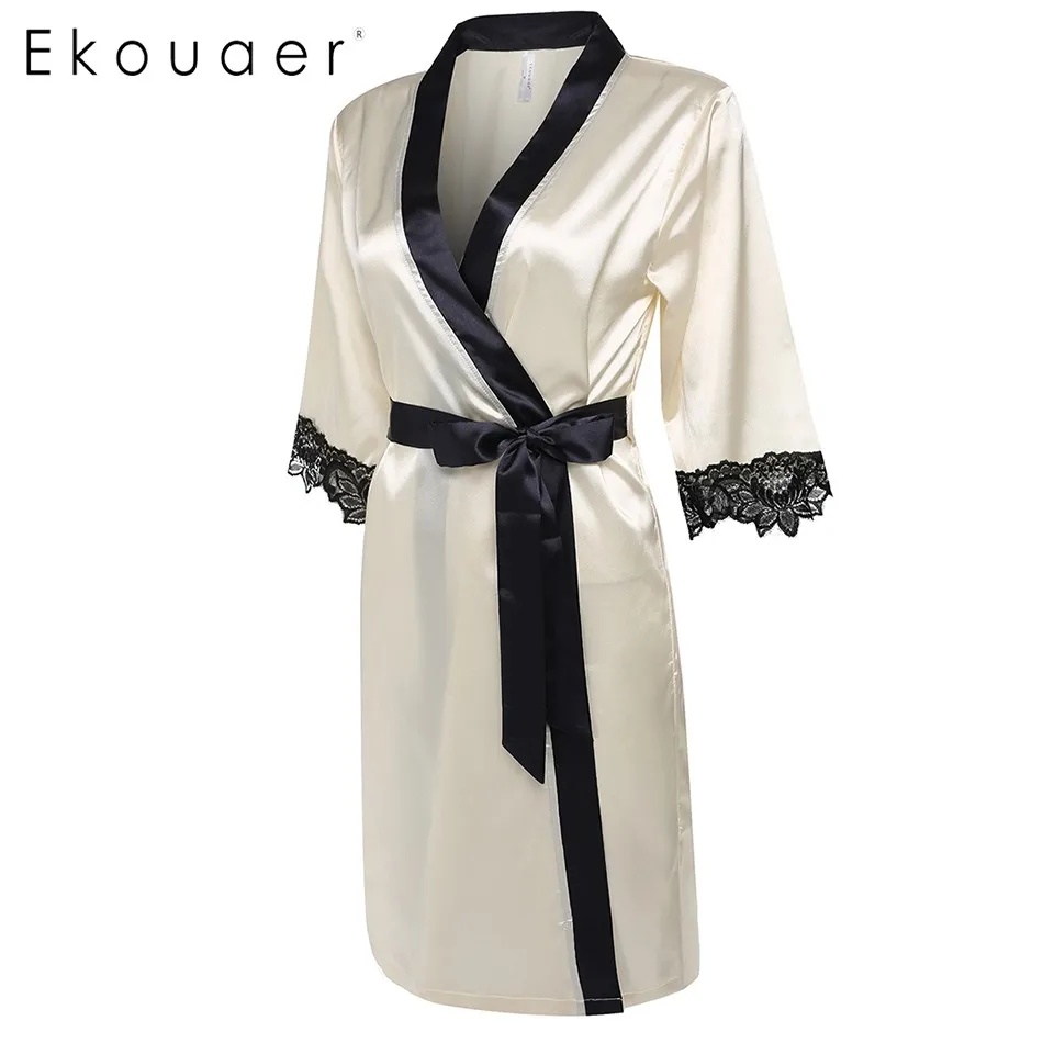 Ekouaer XS XL Women Knee Length Bathrobe Sleepwear Short Satin Lace