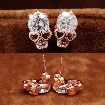 

Cute Heart Eyes Skull Earrings for Women Girl Small Jewelry Rose Gold Color Trendy Shining CZ Crystal Stud Earrings brincos Gift