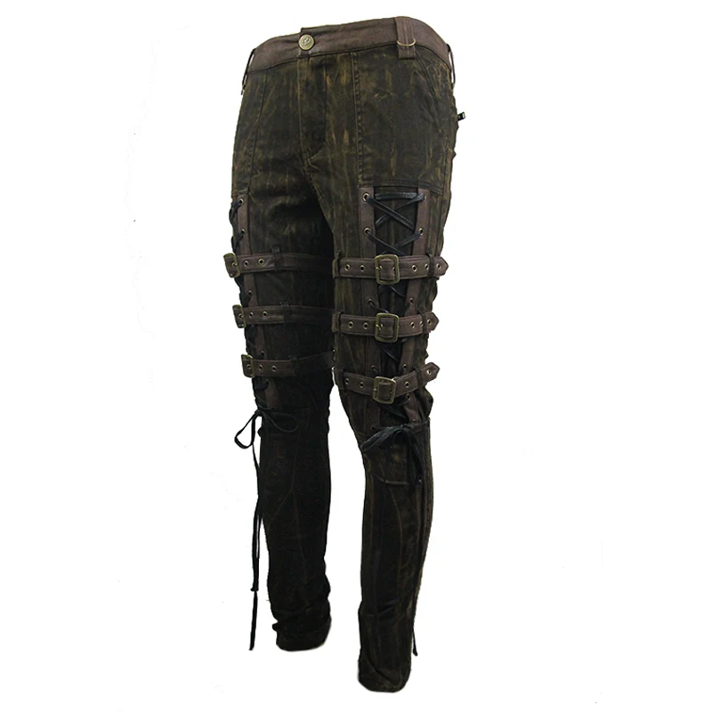 Steampunk Men Long Jean Gothic High Waist Black Brown Tights Slim Trousers Straps in the Leg Lace Up Pencil Pants New