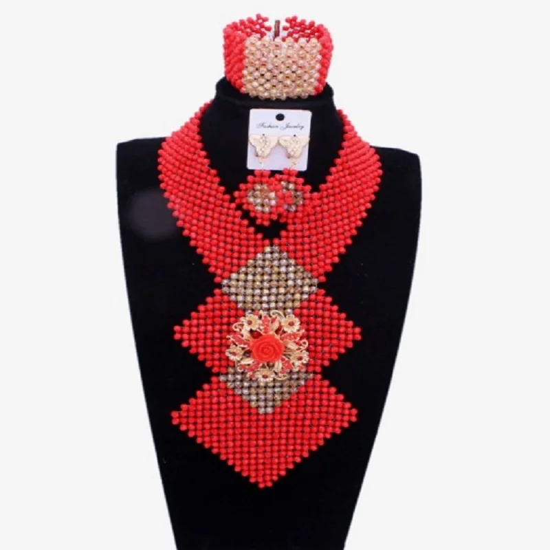 

Fine jewelry Sets Party For Women Red & Gold Dubai Necklace Set Braid Jewellery Sets African Beads Nigerian Wedding Jewelry Set