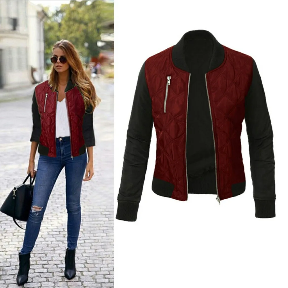 

Winter Parkas Wine Red Bomber Jacket Women Coat Cool Basic Down Jacket Padded Zipper Chaquetas Biker Outwear