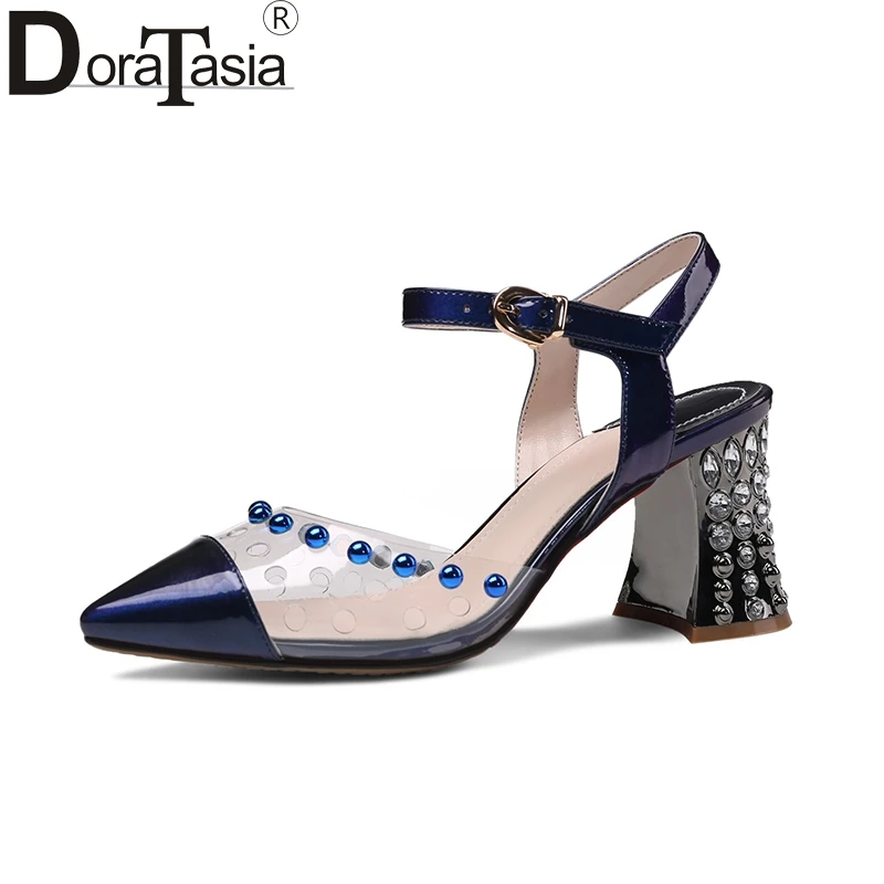 

DoraTasia 2019 New Red Pointed Toe Sexy Patchwork Buckle Strap Women Thin High Heel Summer Party Sandals Woman Shoes