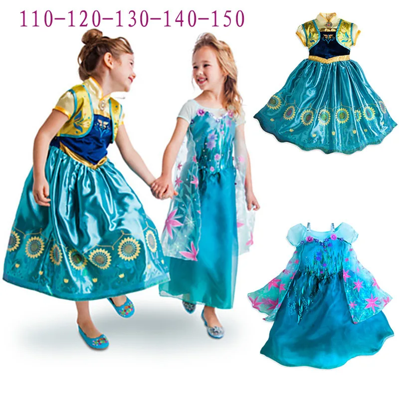 

&E-babe&Wholesale 2016 New Hot F rozen Fever Birthday Surprise Summer Girls Short Sleeve Children's Cartoon Elsa Anna Blue Dress