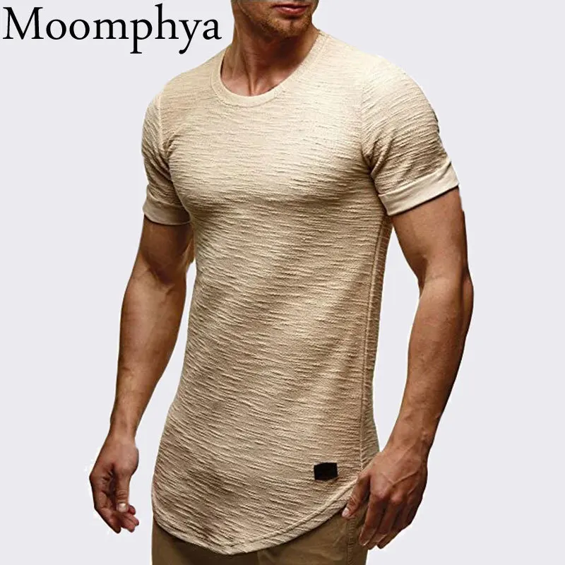 

Moomphya Men's Stylish Longline curve hem short sleeve t shirt Slub Jacquard hip hip Slim Fit t-shirt Summer tshirt streetwear