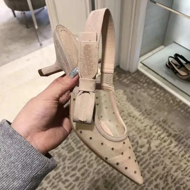 

Fashion sexy big size bow high heel mesh women's shoes Spring summer new pointed stiletto heels Breathable mesh sandals women
