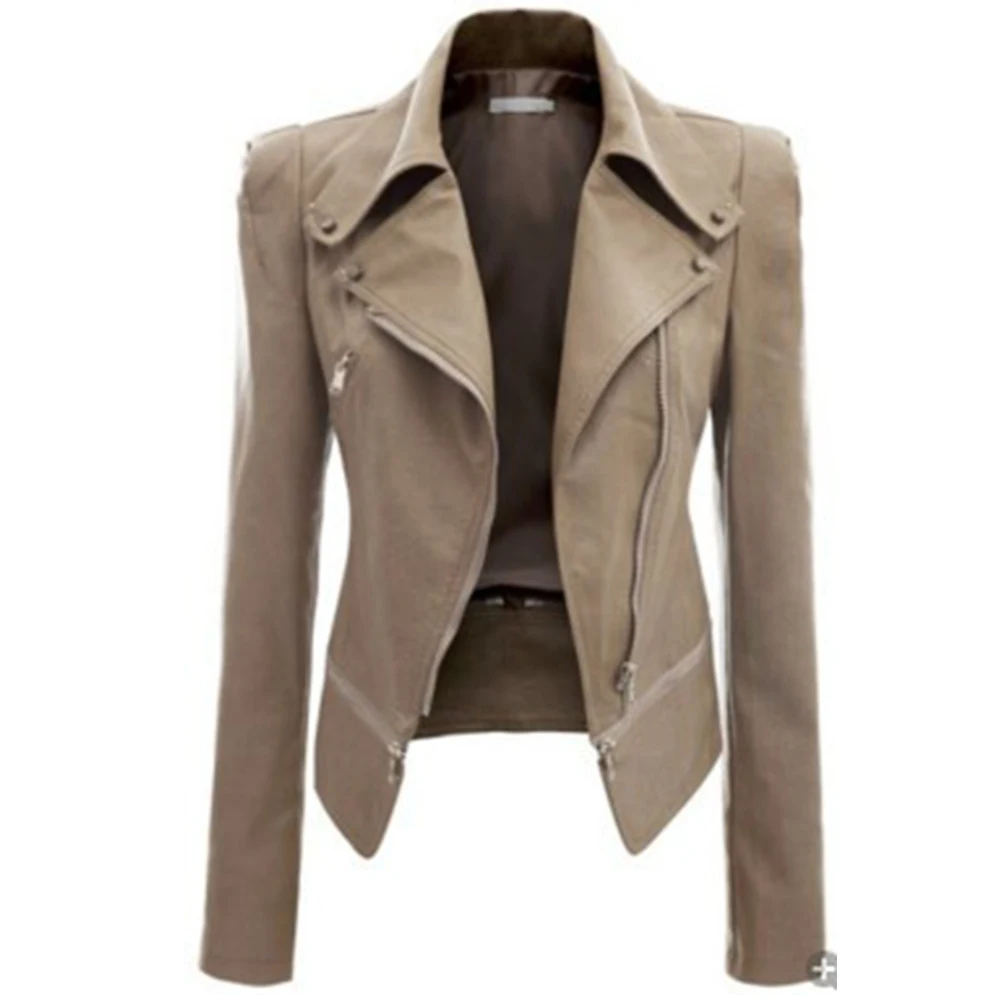 

Women Autumn And Winter PU Locomotive Leather Jacket Coat Long Sleeve Lapel Collar Slim Zipper Two Wear Jacket Black Army Green