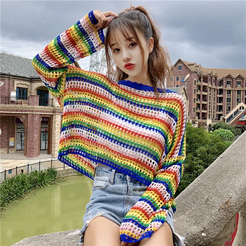 Autumn Women Lazy Wind Hollow Out Long Sleeve Sweater Rainbow Stripe O-Neck Casual Pullovers Computer Knitted Short Thin | Женская