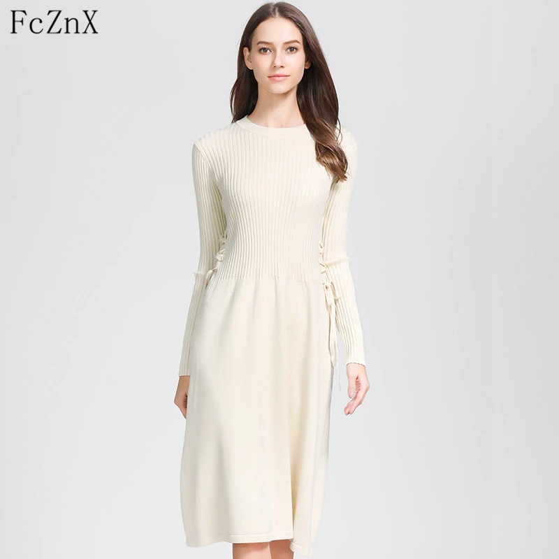 

Autumn winter 2018 women sweater dress knitted O-Neck solid color long sleeve fashion casual female clothes lady A-Line dresses