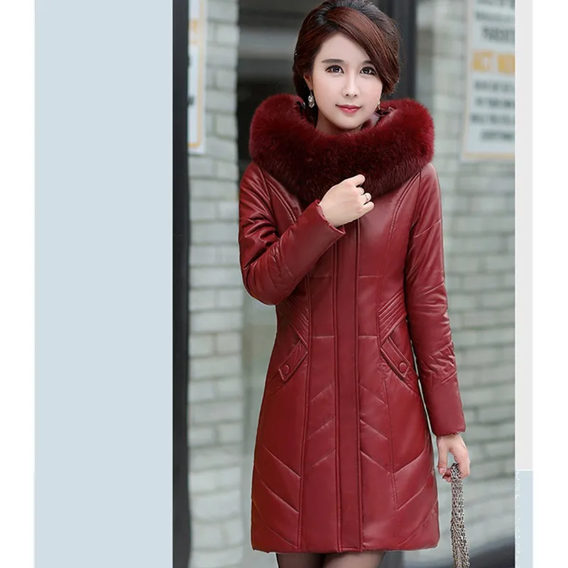 UHYTGF/L-7XL, модные зимние кожаные куртки с меховым воротником и капюшоном, Женская роскошная кожаная куртка, хлопковое тонкое теплое Женское пальто 126