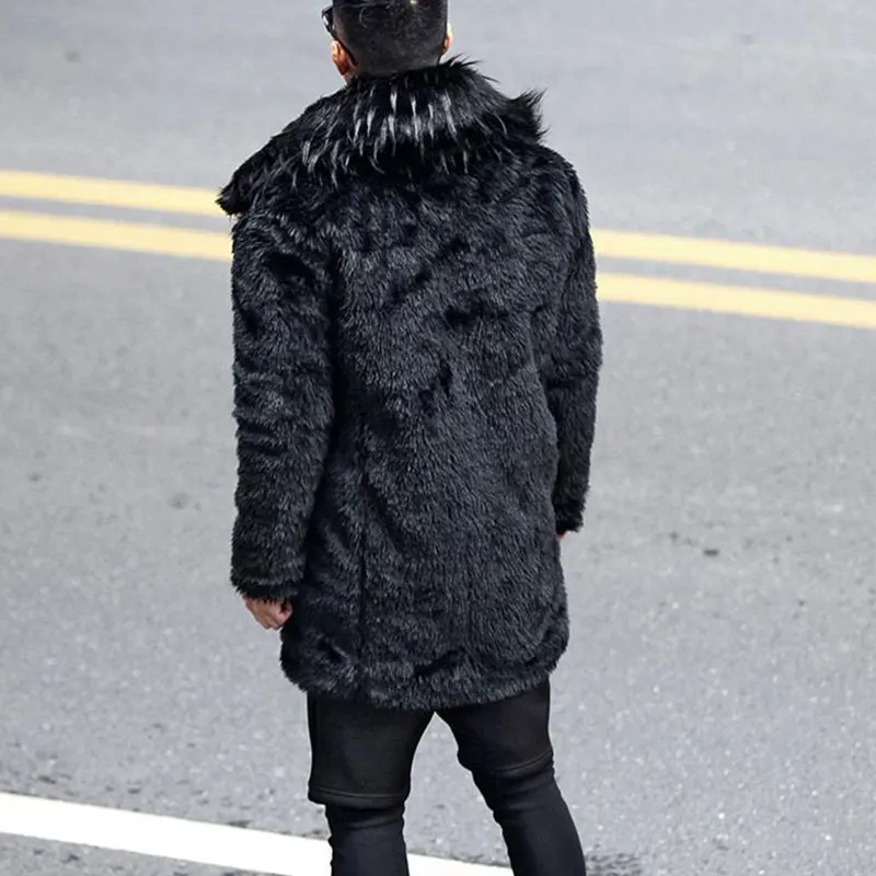 Новые зимние мужские шубы из искусственного кроличьего меха с воротником из лисьего меха, трендовая Меховая куртка с отложным воротником, черные длинные модные пальто