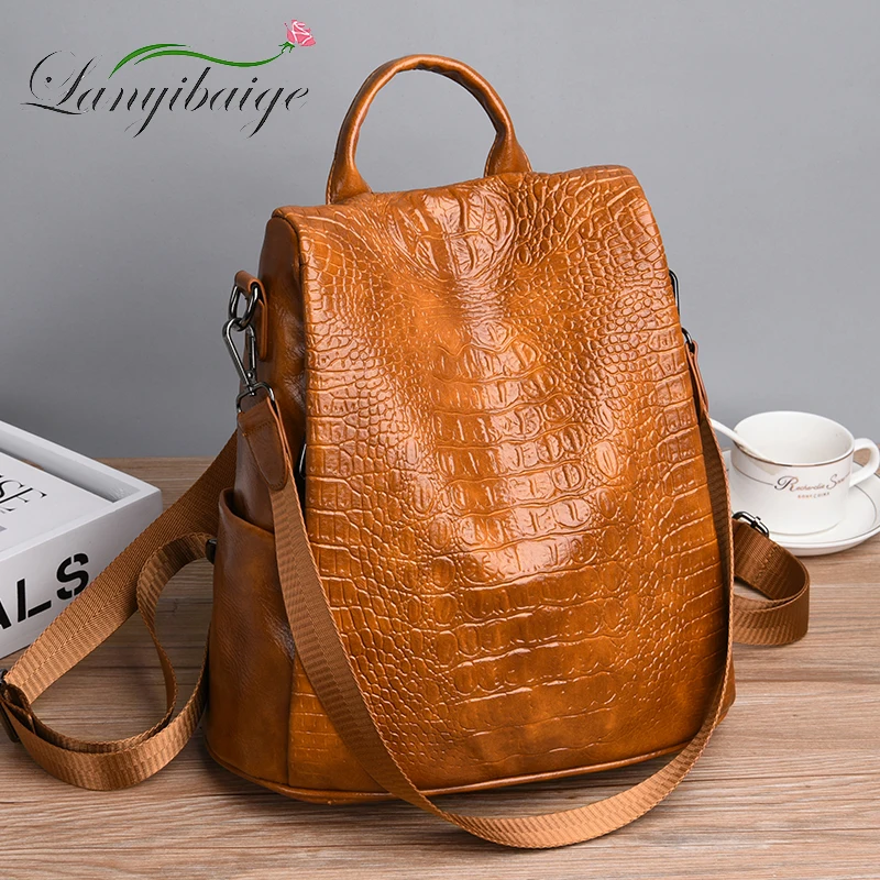 

Fashion Alligator PU Leather Backpack Women Anti-Theft Casual School Backpack For Teenager Girls Multifunction Backpacks Sac