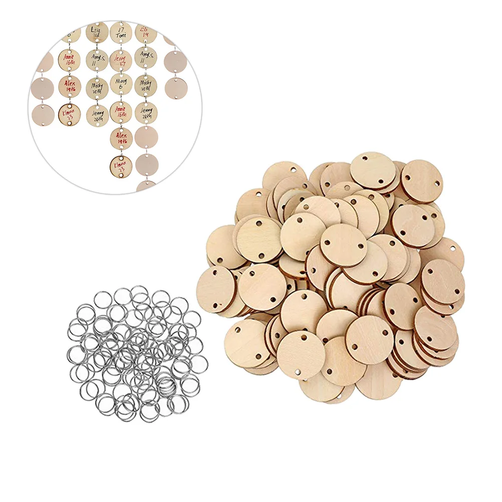 

100pcs Round Wooden Discs With Holes Calendar Tag Reminder Record Wood Chip Birthday Board Tags And 100pcs Iron Rings