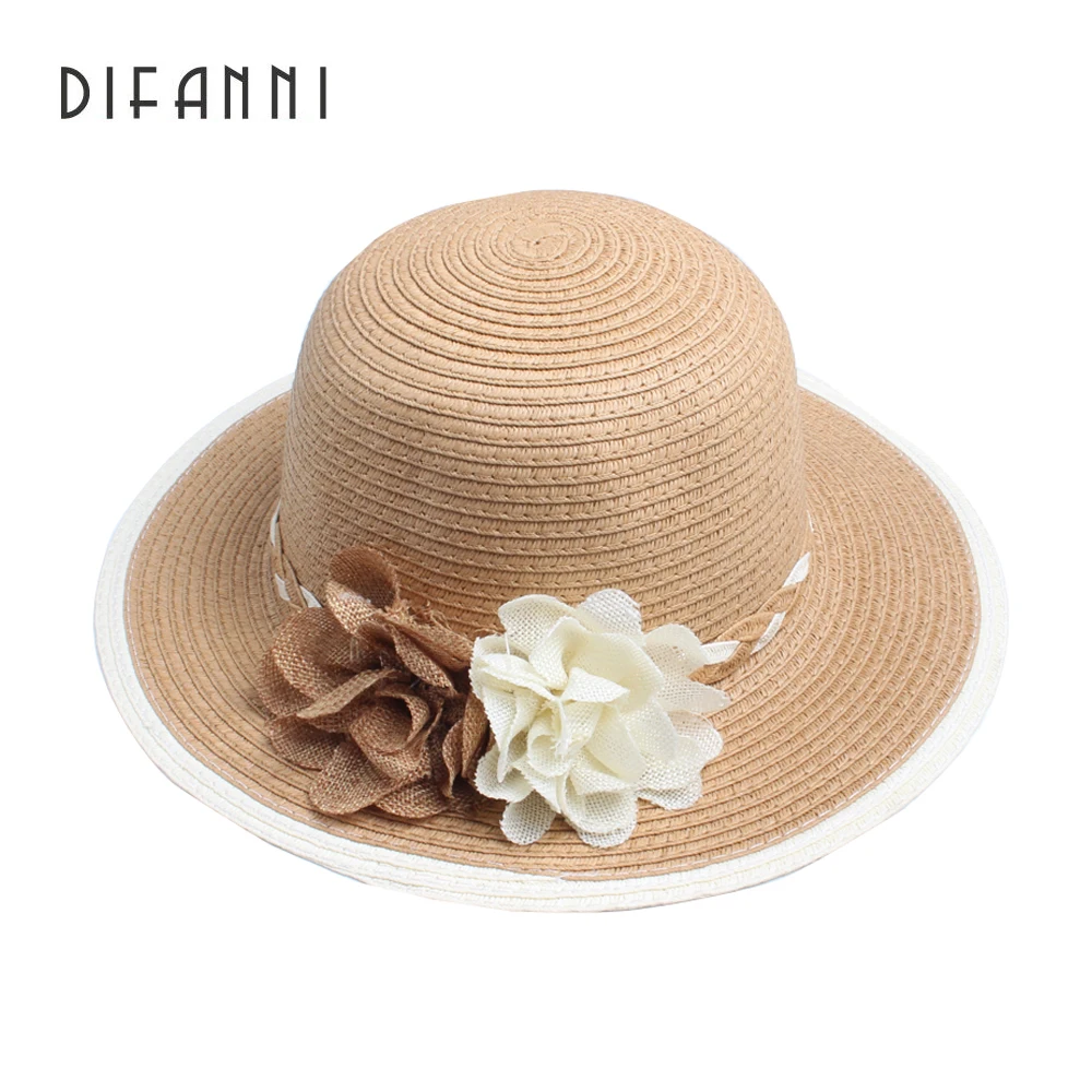 

Difanni New Hot Women's Sun Hat Summer Flower Bowknot Foldable Straw Hats Beautiful Lady Straw/Beach Large Brim Hat