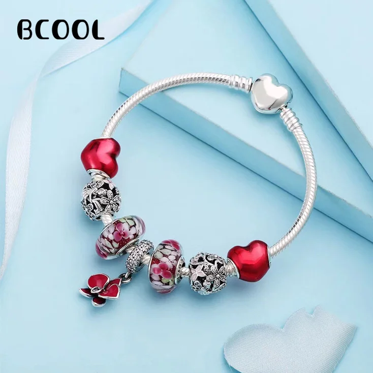 

BCOOL 100% 925 Sterling Silver 1:1 Original Copy 2019 Women's Bracelet Red Crystal Beads Charm Jewelry Silver Free Package