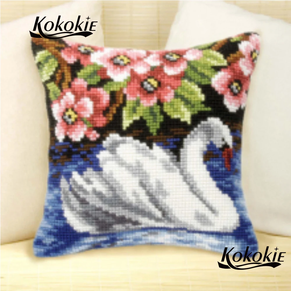 

DIY throw pillow case cross stitch kits embroidery needlework sets cushion mat cartoon swan diy rug kits handmade carpet tools