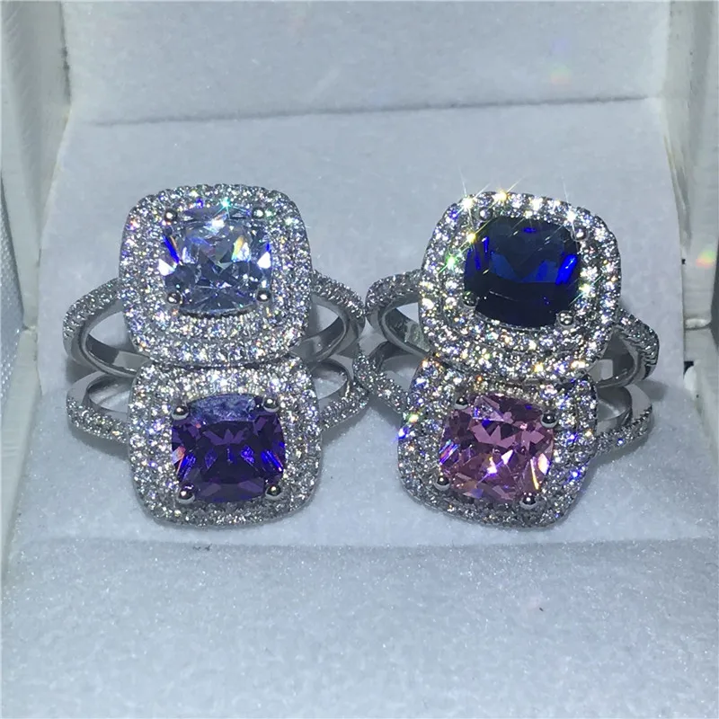 4 цвета драгоценные камни юбилей обручальное кольцо для женщин Подушка огранка 3ct 5A Циркон Кристалл 925 пробы серебро Bijoux