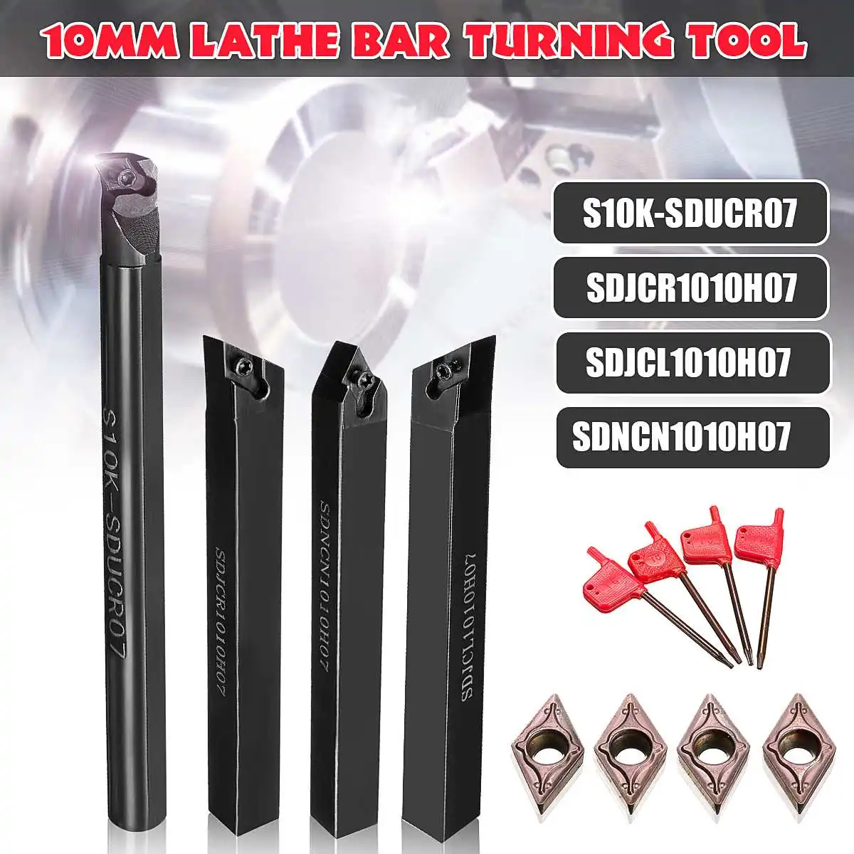 

4 Set Of 10mm Lathe Boring Turning Tool Holder 100/125mm + 4 Lot DCMT0702 Inserts Blades