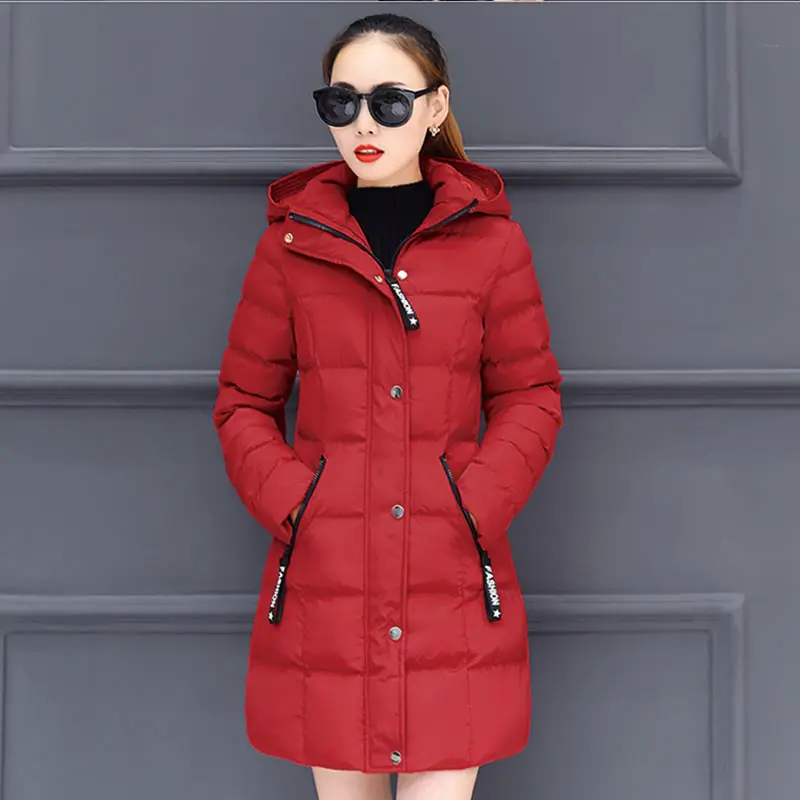 Plus Size Women Winter Down Cotton Coat Red Gray Loose Parkas Hooded