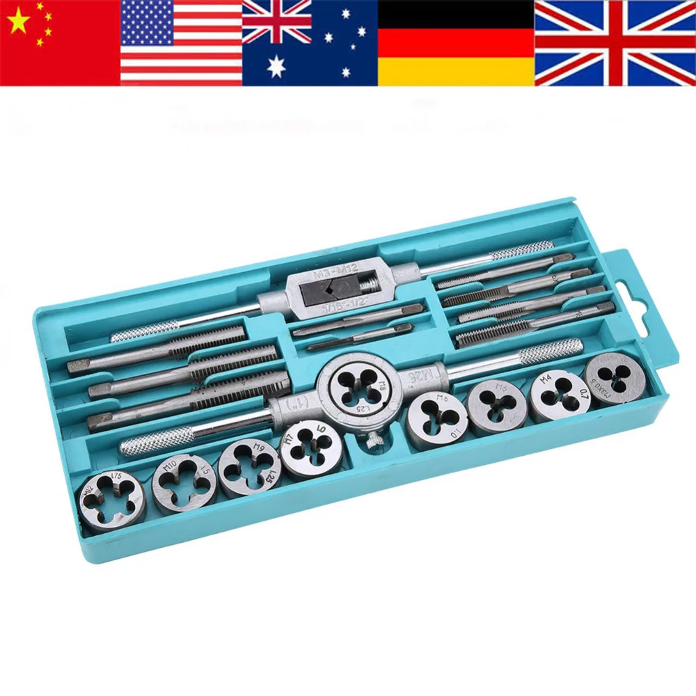 20Pcs/Set Taps and Dies Set M3M12 Screw Thread & Tap Wrench & Die