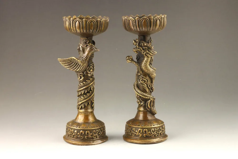 

Chinese Handmade Fine Dragon And Phoenix Bronze Candlestick Pair