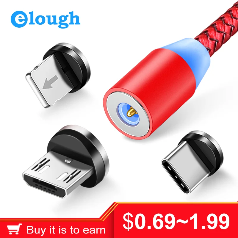Elough 360 LED Magnetic Charging Cable for iPhone XR XS MAX X 8 7 6 Plus Mobile Phone Magnet Charger Micro USB Cable Type C Wire