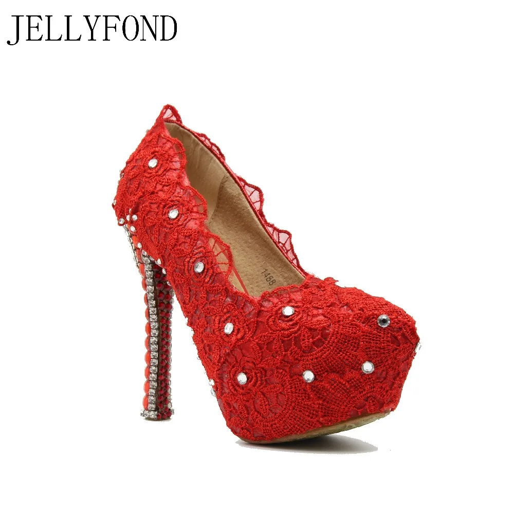 

JELLYFOND 2017 Red Lace Rhinestones Wedding Shoes Bridal Sexy High Heel Dress Shoes Woman Big Size Celebrity Party Pumps