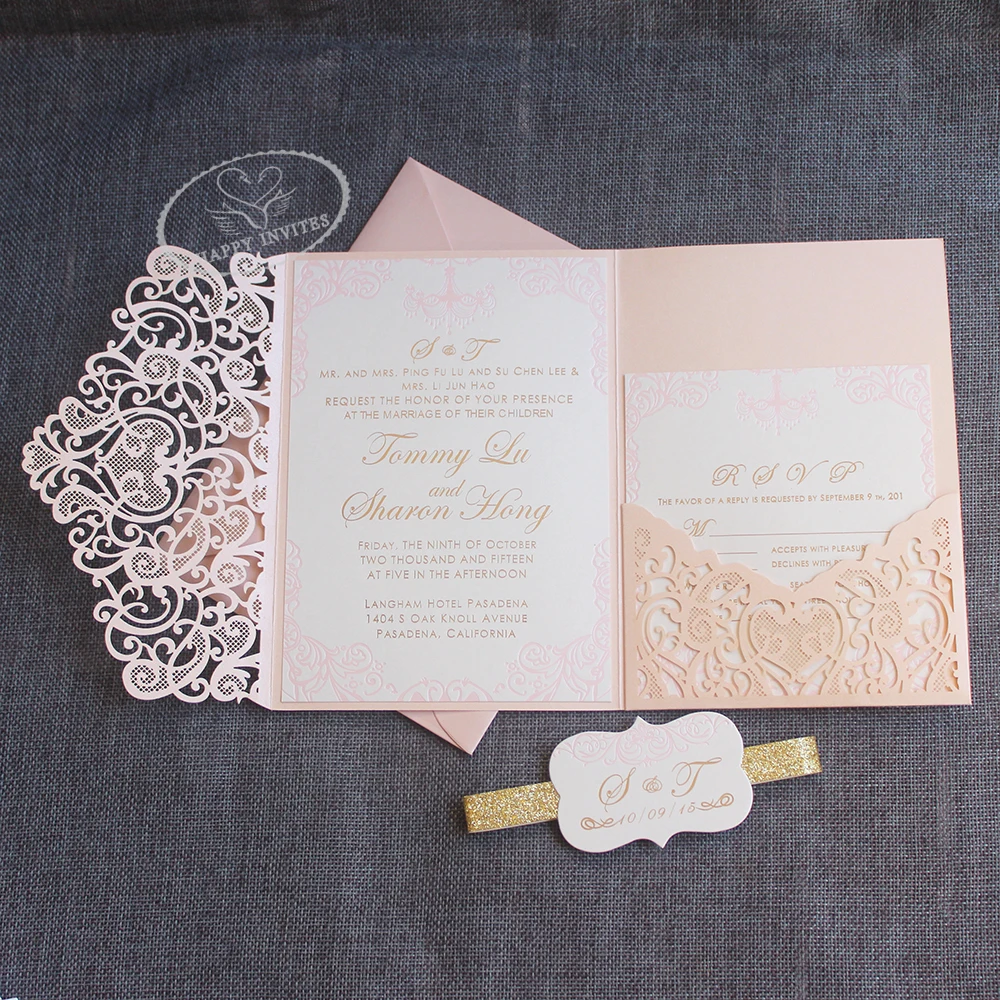 

Free Shipping for some Countries/areas! HI3047 Custom Pink Pocket Fold Wedding Invitation Card with Gold Foil Made in China