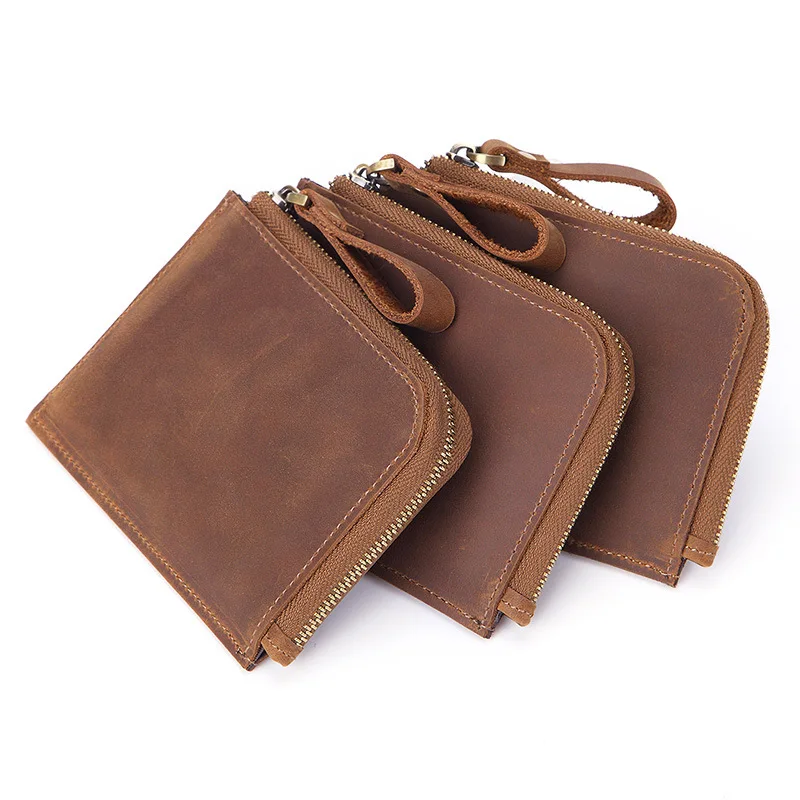 

Handmade Genuine Leather Mens Wallet Short Retro Crazy Horse Leather Zipper Wallets Small Money Case