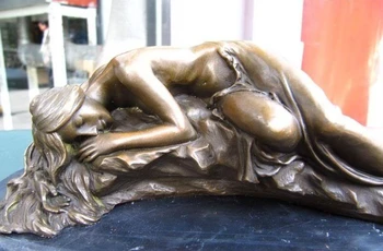 

L 8"Western Pure Copper Bronze sleep deeply girl Art sculpture statue