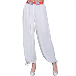 Белый широкие брюки Для женщин шифон Брюки для девочек в китайском этническом Стиль Вышивка цветочный Мотобрюки Повседневное упругие