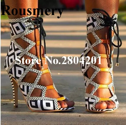 

Rousmery Fashion Design Patchwork Sandals High Heels Cut-out Dress Pumps Shoes Open Toe Stiletto Hollow Out Strappy Sandal Boots