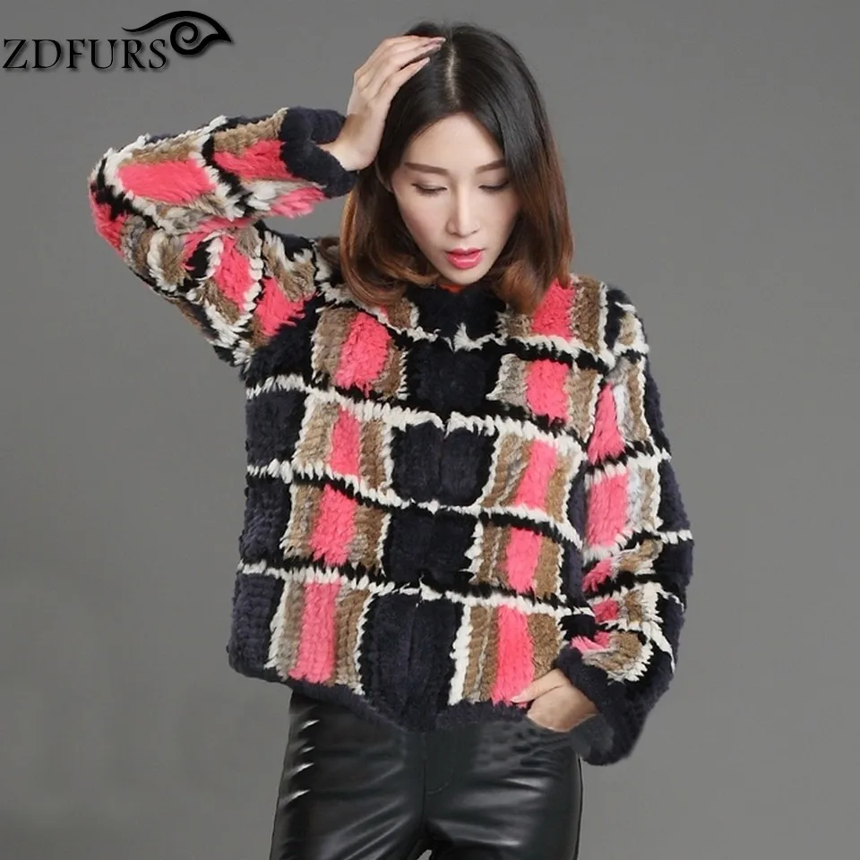 

2016 New Style Knitted Rex Rabbit Fur Jackets Winter Hand Made Fur Coats Short Style Women Pink-Blue Mixed Color
