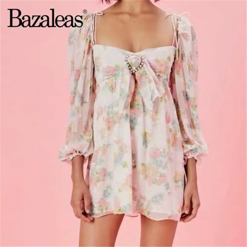 Bazaleas Винтаж фонарь с длинным рукавом vestidos аппликации цветочный принт женское платье модные шикарные платья Прямая поставка