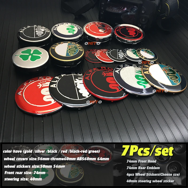 

7pcs ALFA ROMEO 74mm Car Front Hood covers Badge Rear Trunk Emblem 40mm steering Wheel Stickers 56/60/64mm Wheel Hub Center Caps