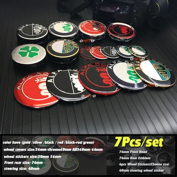 

7pcs ALFA ROMEO 74mm Car Front Hood covers Badge Rear Trunk Emblem 40mm steering Wheel Stickers 56/60/64mm Wheel Hub Center Caps