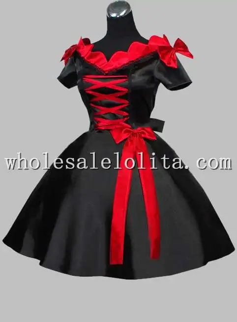 Готические Короткие Черный и красный цвета, похожего на натуральный шелк, с v-образной горловиной в викторианском стиле платье эпохи - Цвет: Черный