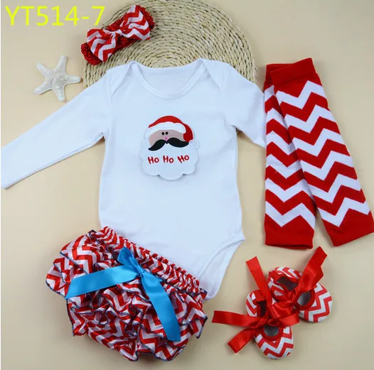 

New girls Christmas sets baby infant Newborn bodysuits+toddler shoes+ Chevron leg warmer+ruffle bloomers+headband 5 piece suit