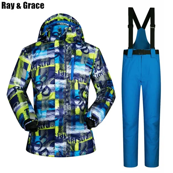 Blue-Blue RAY GRACE лыжный костюм для мужчин зимняя теплая куртка брюки набор Сноубординг горный Лыжная одежда водонепроницаемый ветрозащитный защита от снега - Цвет: Blue-Blue