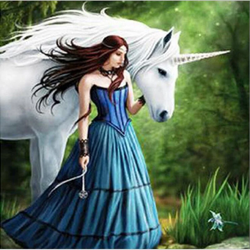 5d diy Full Resin Round Diamond Painting Embroidery Kit Pretty Girl And Horse Pattern Mosaic Craft Living Room Home Decoration