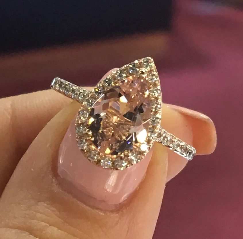 Роскошное женское большое кольцо с розовым камнем, модные ювелирные изделия из розового золота с кристаллами, циркониевое кольцо в форме капли воды, винтажные Свадебные Кольца для женщин
