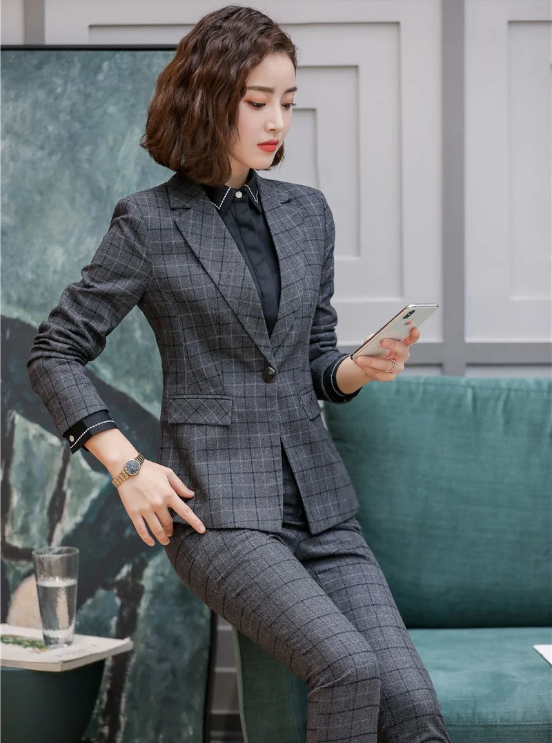 

Formal Business Suits With Pants and Jackets Coat For Ladies Office Professional Work Wear Pants Suits Fashion Plaid Blazers Set