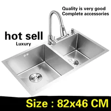 Квартира кухня ручная раковина двойной паз роскошь сделать блюда 304 нержавеющая сталь большая Горячая 820x460 мм