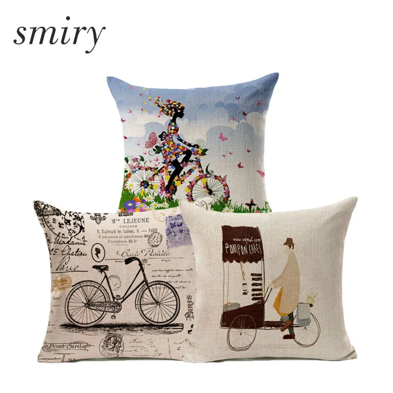 

Smiry Bicycle Cushion Cover Flower Throw Pillow Cover Vintage Girl Riding Bike Retro Bicycle Decorative Cushion Cover for Sofa
