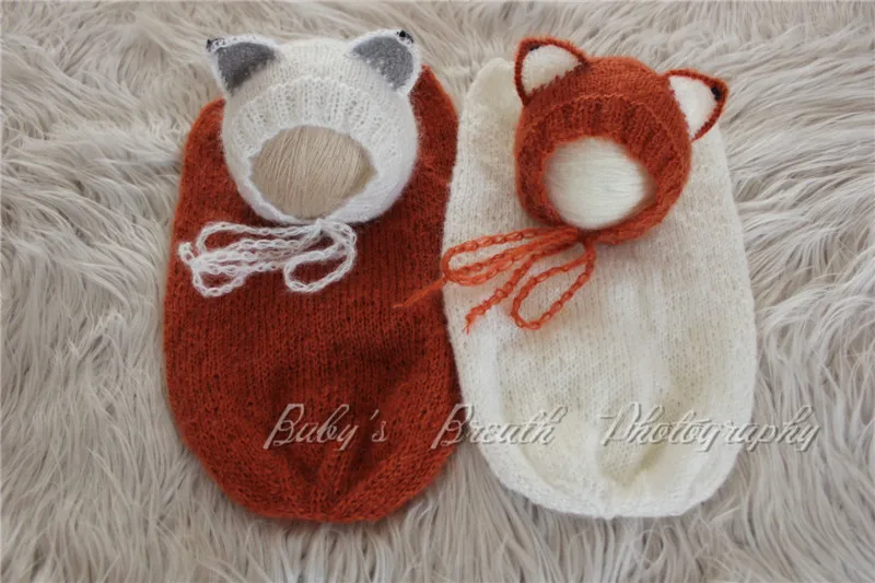 Комплект из 2 предметов для новорожденных реквизит шапочка "Лиса", а также в виде кокона, комплекты для новорожденных с рисунком лисы, комплекты с принтом лисички, реквизит