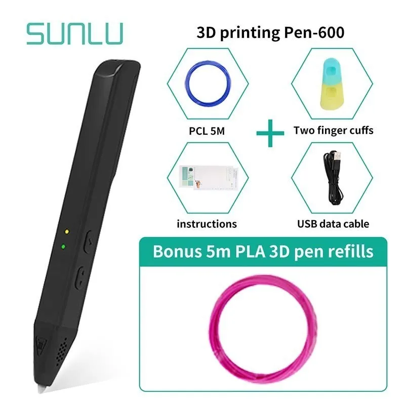SUNLU 3D печать карандаш Подарочная коробка набор Новейшая 3D ручка для рисования поддержка 1,75 мм PLA/PCL нити низкой температуры - Цвет: 600-Black-5.1