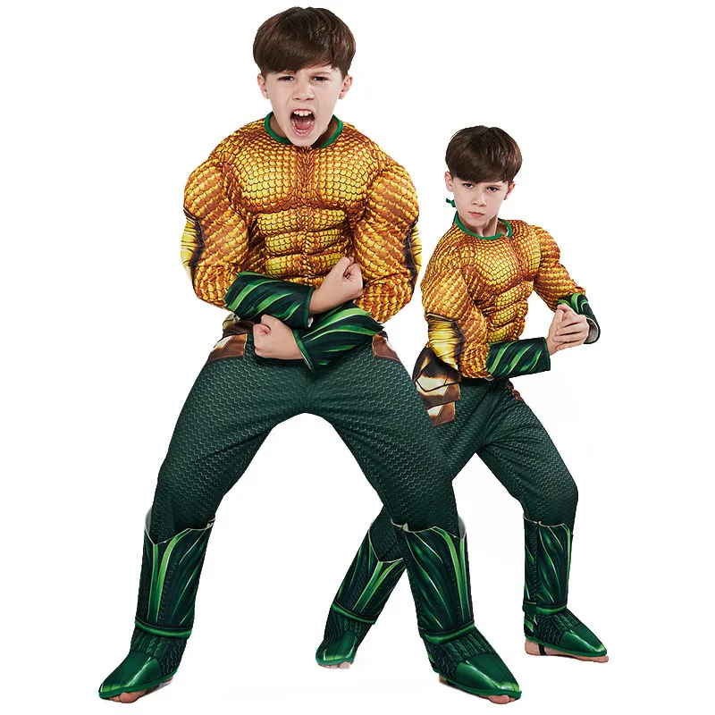

DC Movie Superhero Aquaman Muscle Cosplay Costume Boys Arthur Curry Halloween Muscle Jumpsuits Kids Birthday party Purim Gift