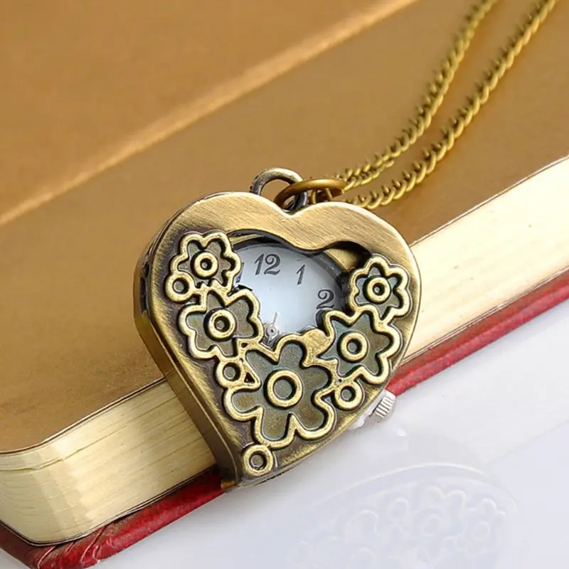 

Pocket Watch Quartz Vintage Antique Heart Shape Floral Cover Pendant Watches Women Charm Collar Chain Gifts Carved Exquisite